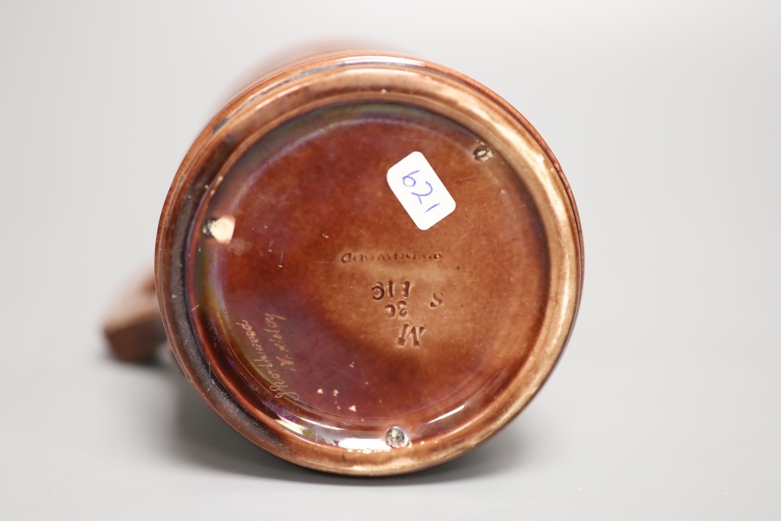 John Northwood (1837-1902) for Wedgwood . A rare wheel engraved brown glazed jug, signed, height 18cm